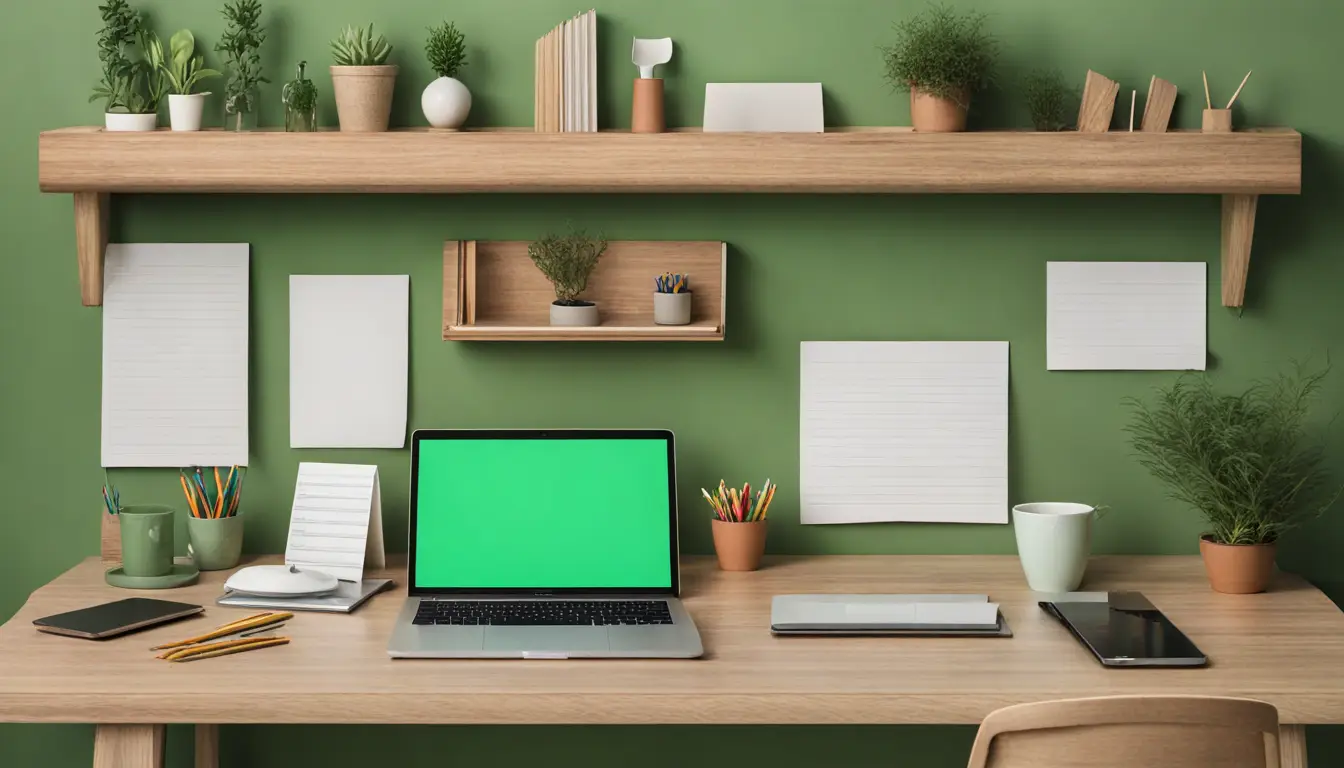 Computador em uma mesa de escritório com catálogos coloridos e estante ao fundo.