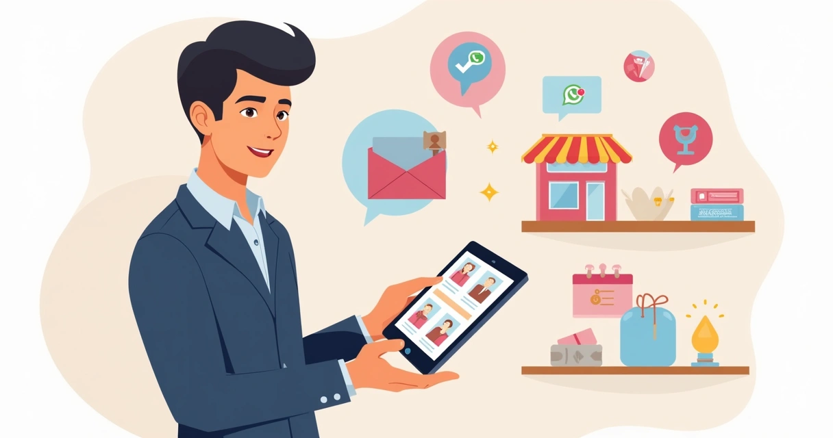 Ilustração corporativa flat de empresário usando tablet com catálogo digital e ícones de estoque, redes sociais e pagamentos