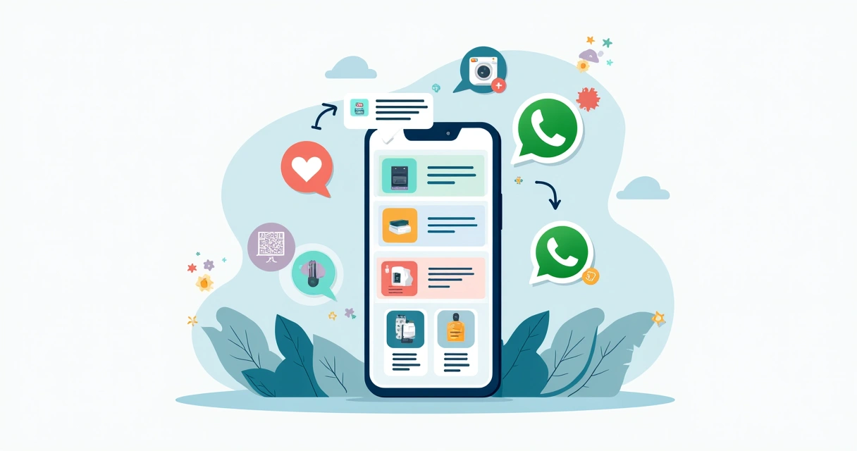 Ilustração corporativa de catálogo digital em tela de smartphone com ícones de produtos e botão WhatsApp