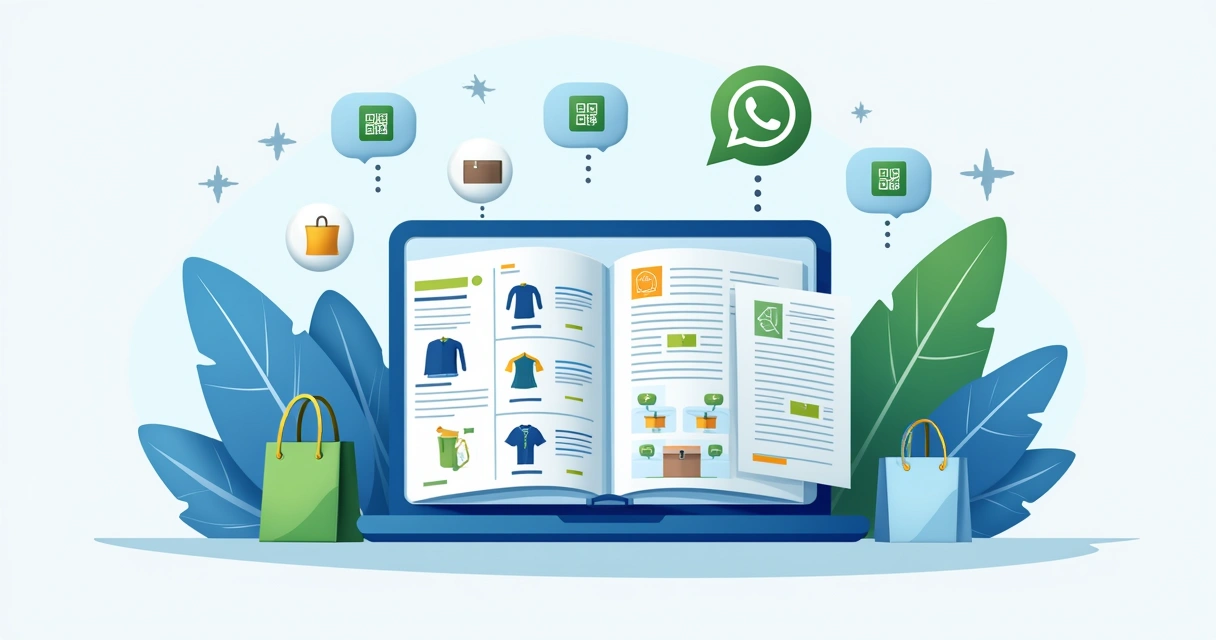 Ilustração corporativa mostrando um catálogo digital aberto em um tablet conectado ao WhatsApp, com ícones de produtos e mensagens de pedido ao redor