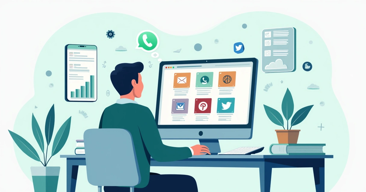 Ilustração corporativa de pessoa criando catálogo digital com fotos de produtos e descrições na tela do computador, ícones de redes sociais e gráficos de crescimento de vendas ao fundo