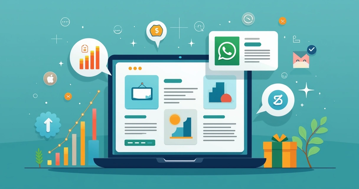 Ilustração corporativa plana mostrando um catálogo virtual digital aberto em um tablet, integrado com ícones do WhatsApp e redes sociais ao redor, com gráficos de vendas e pedidos digitais ao fundo