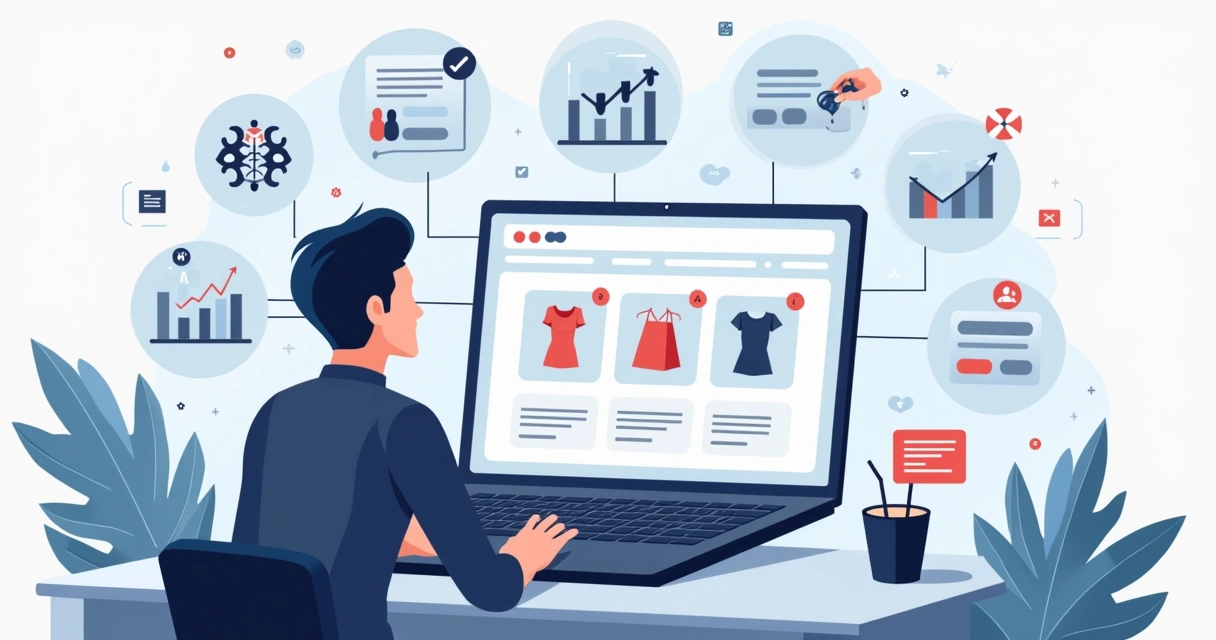 Ilustração corporativa de pessoa criando catálogo digital em computador com interface moderna e elementos gráficos de produtos e vendas
