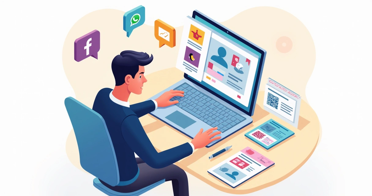 Ilustração corporativa de pessoa criando catálogo digital em computador com produtos e imagens coloridas na tela