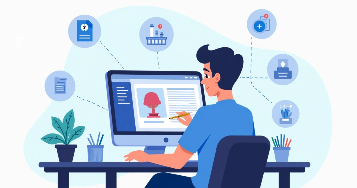 Ilustração corporativa de uma pessoa criando catálogo digital em computador com interface de design e produtos visíveis