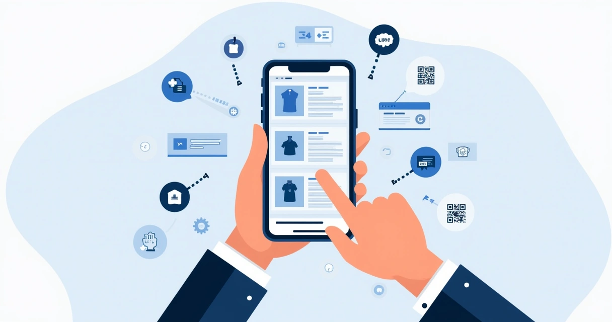 Ilustração corporativa de pessoa criando catálogo digital em PDF pelo celular com ícones de personalização e compartilhamento
