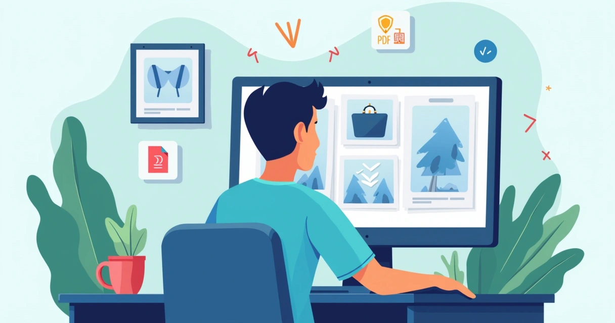 Ilustração corporativa de um usuário criando catálogo digital no computador com interface de arrastar e soltar e fotos de produtos organizados