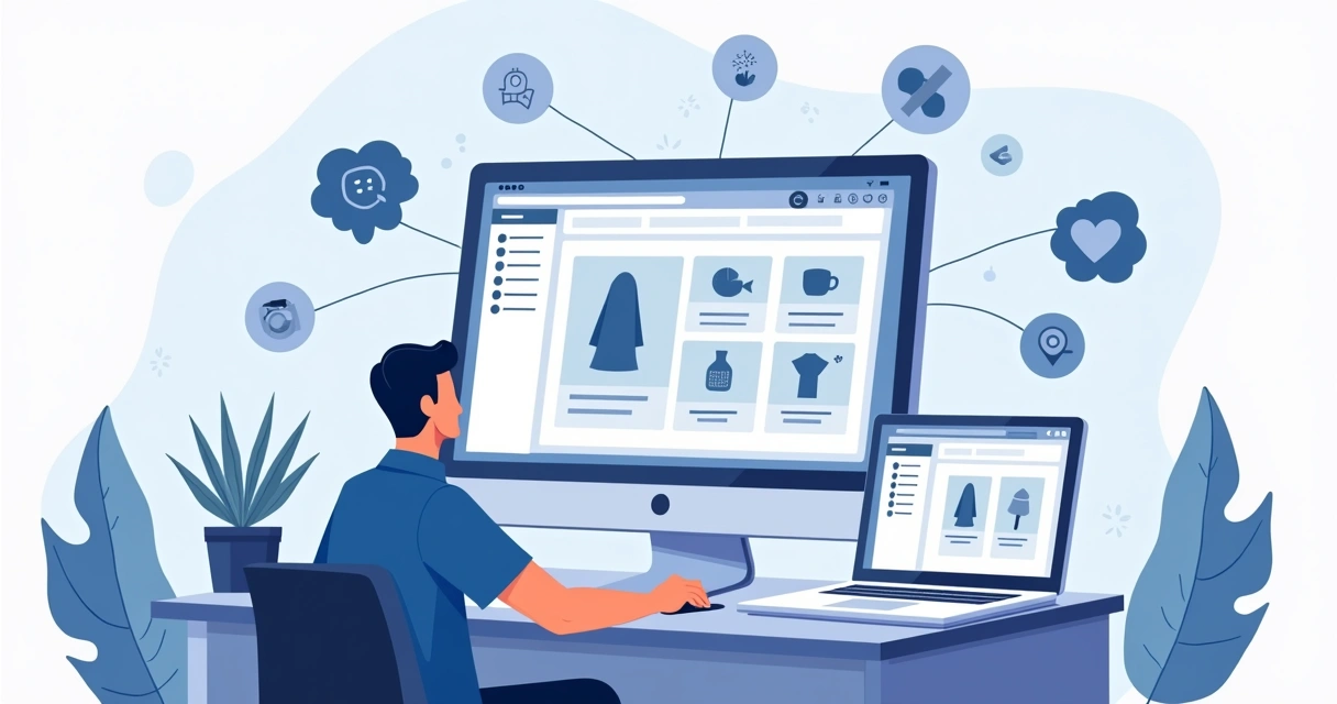 Ilustração corporativa de uma pessoa organizando produtos digitais em um catálogo online em um computador, com gráficos e imagens de alta qualidade na tela