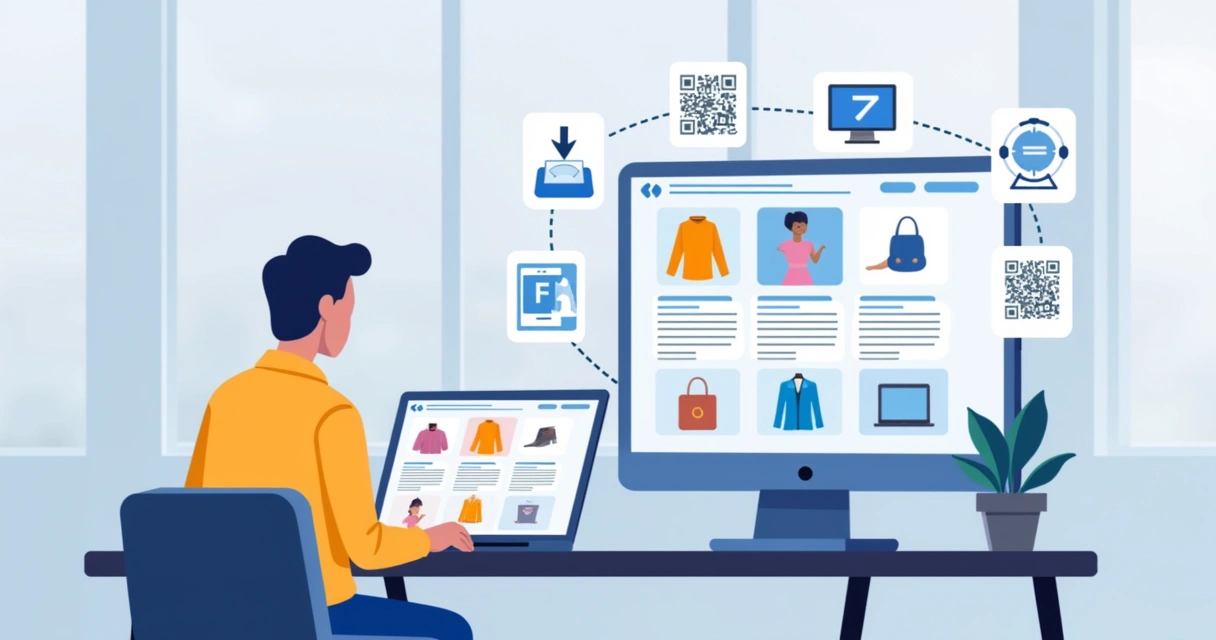 Ilustração corporativa de pessoa criando catálogo digital em laptop com gráficos e produtos organizados em tela
