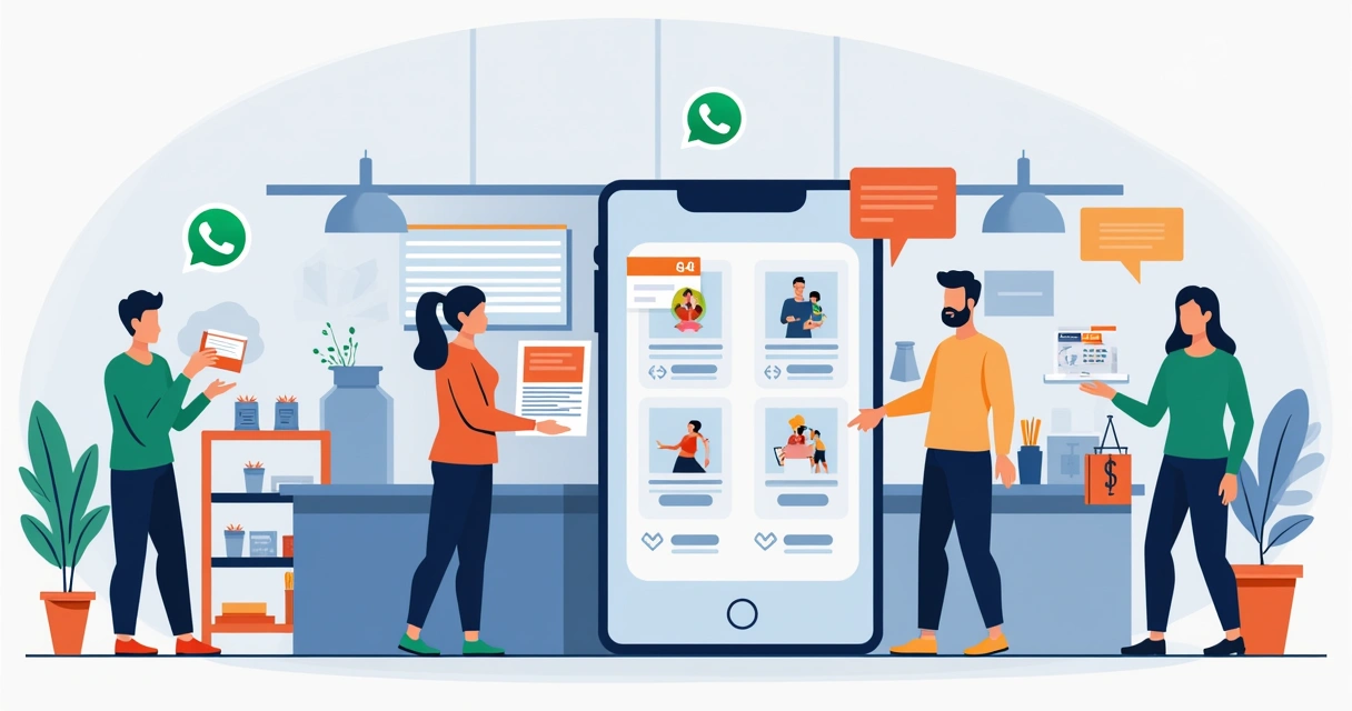 Equipe de vendas utilizando catálogo digital em smartphone conectada pelo WhatsApp para fechar vendas