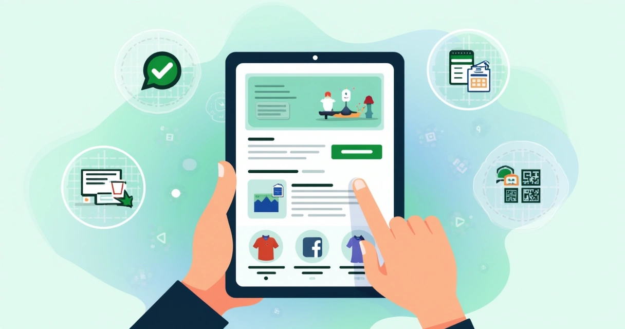 Ilustração corporativa de pessoa usando aplicativo para criar catálogo digital com produtos e integração ao WhatsApp