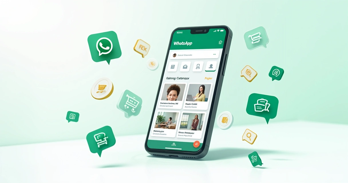 Ilustração corporativa de smartphone mostrando cadastro de catálogo no WhatsApp Business com produtos, fotos e descrições
