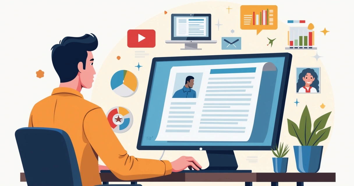 Ilustração corporativa flat mostrando um lojista digitando a descrição de um produto em um computador, com várias imagens e vídeos de produtos ao redor da tela