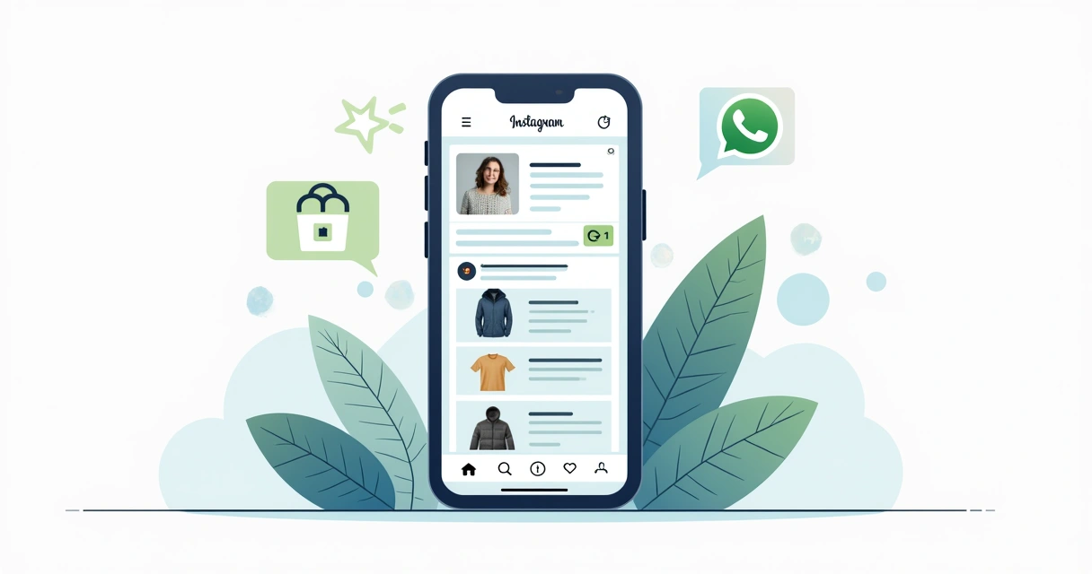 Ilustração corporativa de smartphone exibindo catálogo digital na bio do Instagram com ícones de WhatsApp e produtos