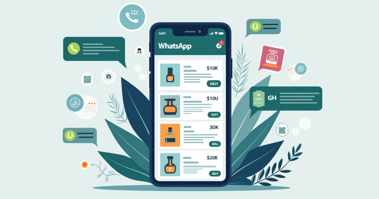 Ilustração corporativa plana mostrando criação de catálogo digital no WhatsApp com interface de app, produtos e ícones de pedidos via chat
