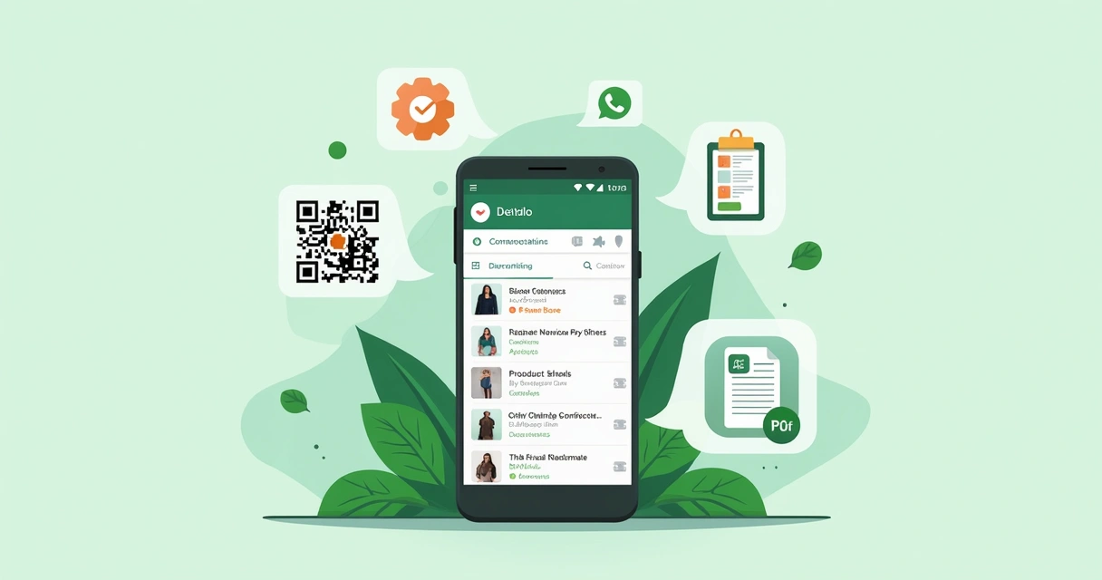 Ilustração de smartphone exibindo catálogo digital de produtos no WhatsApp com imagens e descrições detalhadas