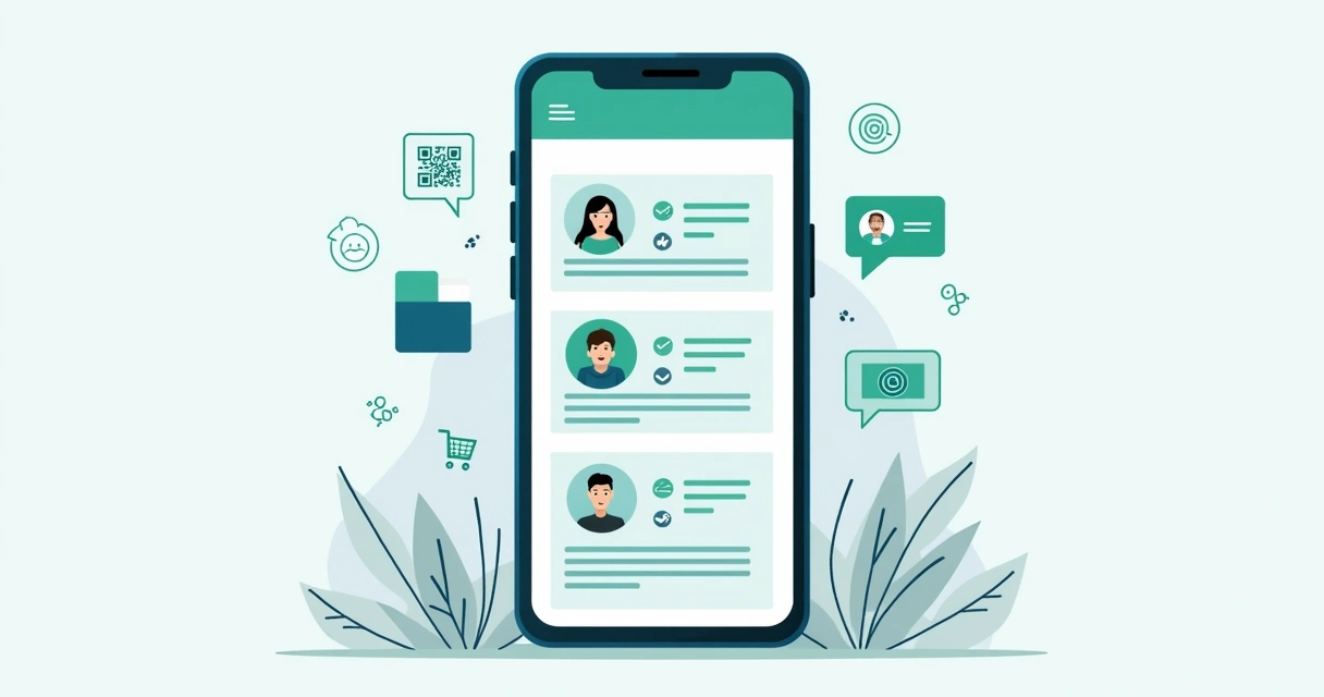 Ilustração corporativa de celular mostrando catálogo digital de produtos no WhatsApp com imagens e descrições organizadas