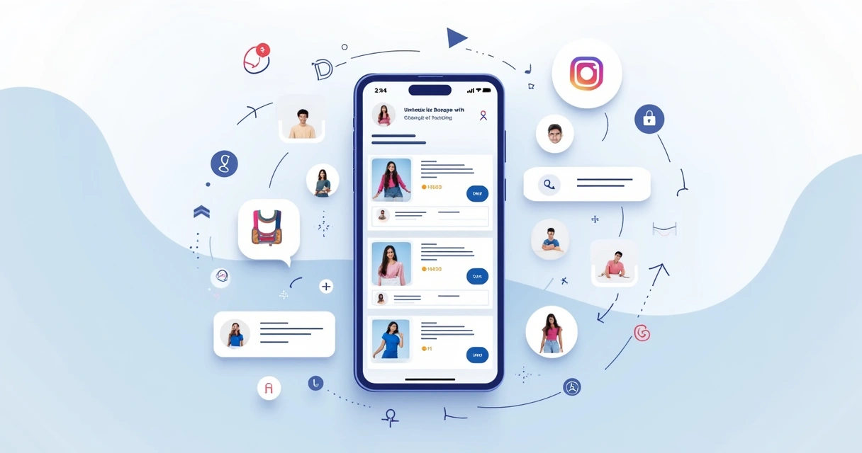 Ilustração corporativa mostrando um smartphone exibindo um catálogo digital de produtos no Instagram, com ícones de fotos, descrições e botões de compra integrados com WhatsApp