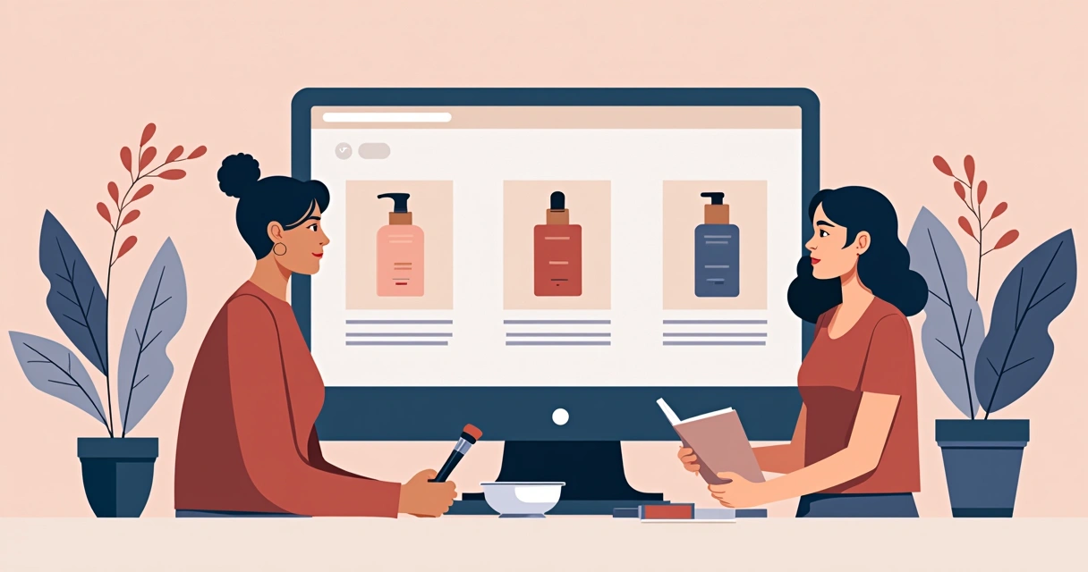 Ilustração corporativa com pessoas criando catálogo digital de cosméticos Boticário no computador, mostrando design e produtos na tela