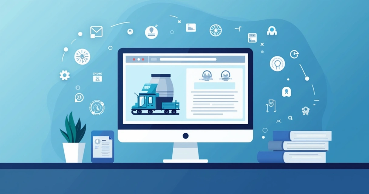 Ilustração corporativa flat mostrando uma tela de computador com catálogo digital de produtos industriais, interface limpa e profissional, ícones de WhatsApp e PDF ao redor, fundo com tons azuis e ele