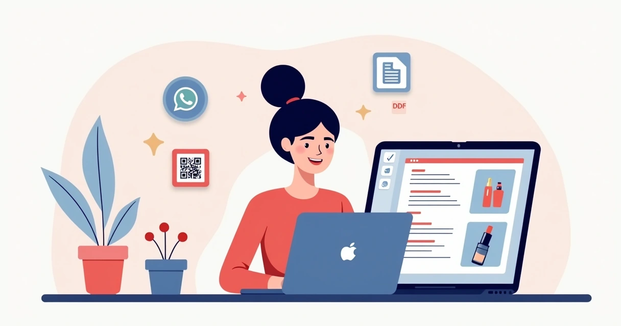 Ilustração corporativa estilo flat de mulher criadora de catálogo digital Natura na tela de notebook, com lista de produtos e imagens de cosméticos ao lado, ícones de QR Code, WhatsApp e PDF ao redor