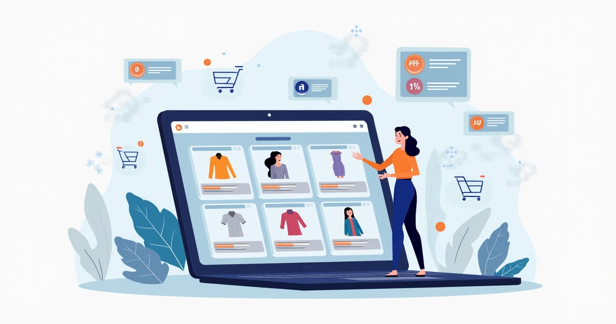 Ilustração corporativa de interface de catálogo digital com produtos organizados em categorias e alta qualidade visual