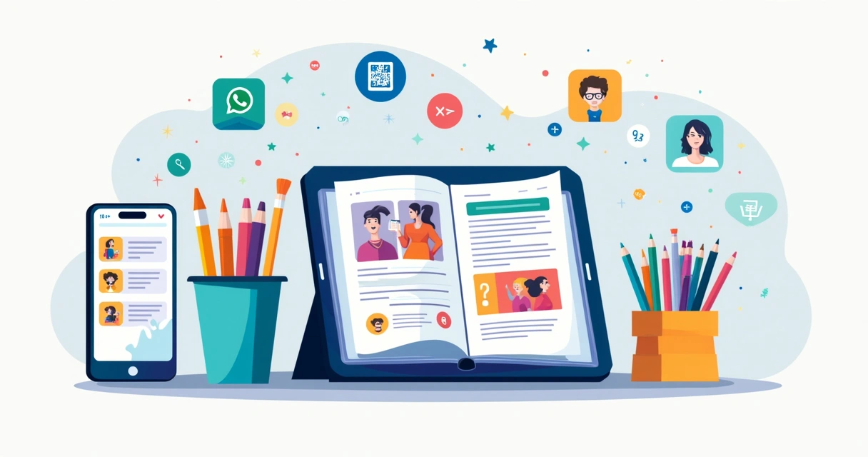Ilustração corporativa mostrando criação de catálogo digital com produtos de papelaria, tablets e smartphone com WhatsApp aberto, além de ícones de QR code e cupons de desconto