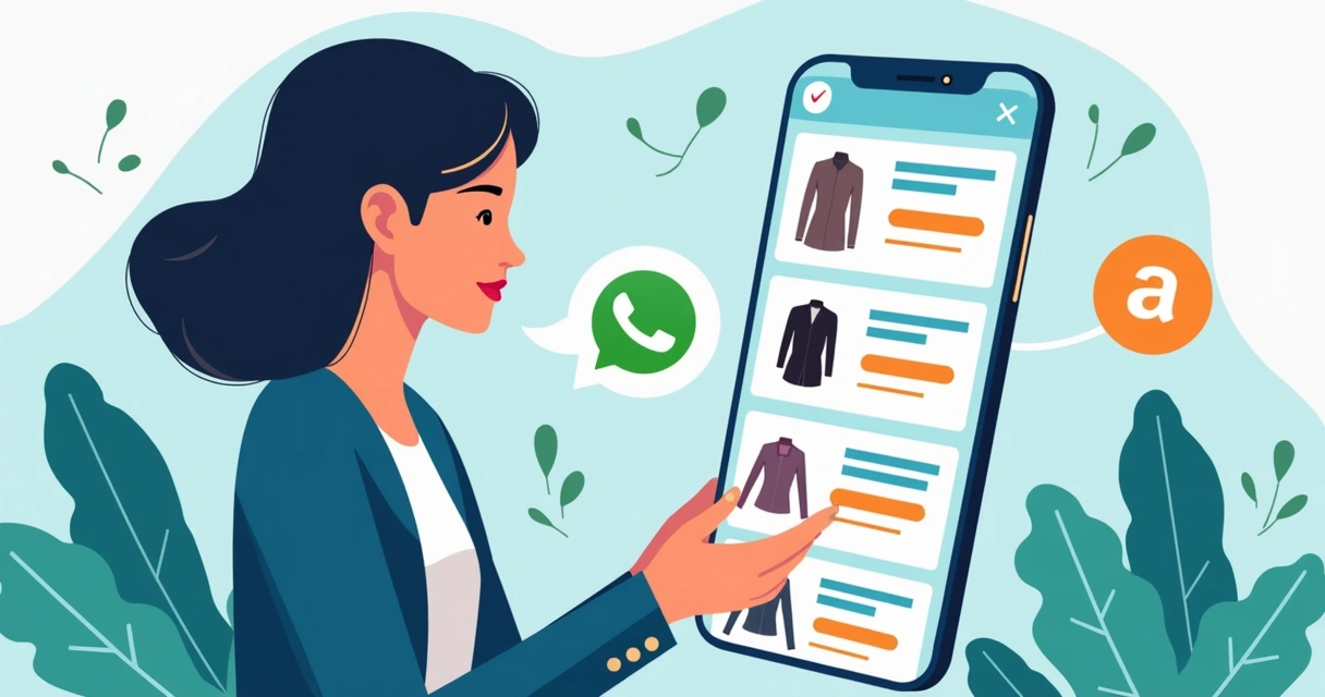 Ilustração corporativa de uma mulher consultora usando smartphone com catálogo digital de produtos Jequiti e ícones de WhatsApp, fotos de produtos e lista organizada