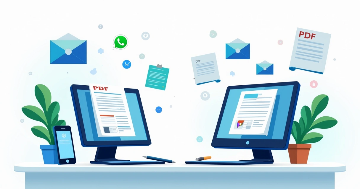 Ilustração corporativa mostrando comparação entre catálogo online em dispositivos digitais e catálogo em PDF impresso