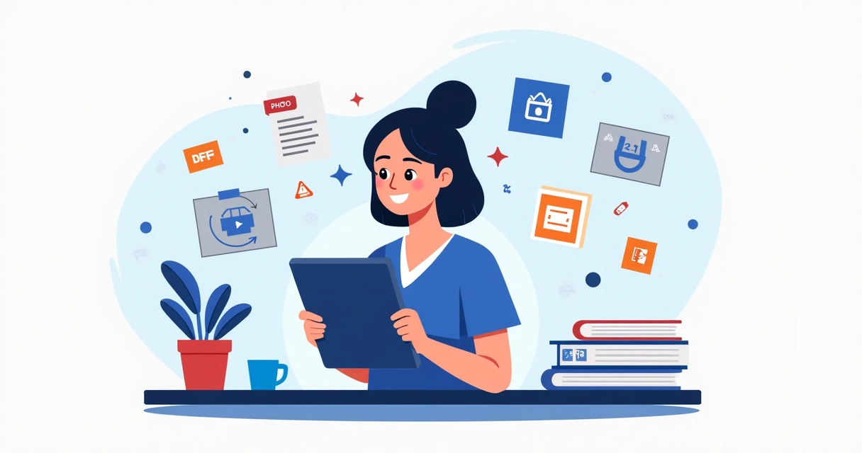 Ilustração corporativa flat mostrando uma mulher montando catálogo digital no tablet com produtos Eudora, fotos e descrições automáticas, ao lado ícones de WhatsApp, PDF, cupons e redes sociais