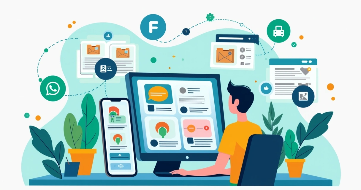 Ilustração corporativa mostrando o processo de criação de loja online com catálogo digital, uso de computador, smartphone com WhatsApp e ícones de marketing digital