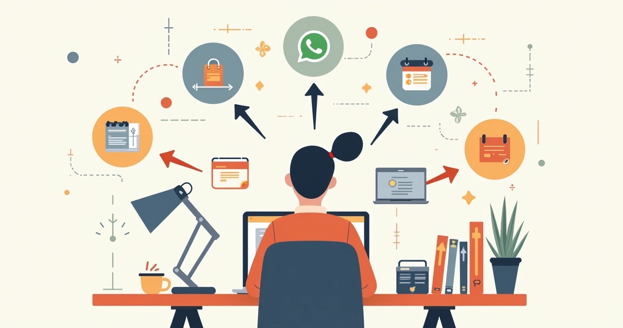 Ilustração corporativa plana de uma pessoa criando loja virtual no computador com elementos de catálogo digital, WhatsApp, meio de pagamento e marketing digital ao redor