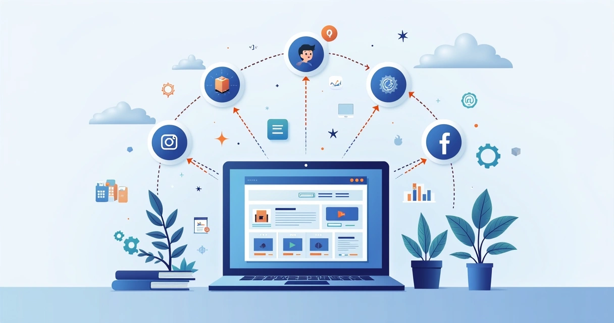 Ilustração corporativa plana mostrando processo de criação de site de vendas com design responsivo e integração digital