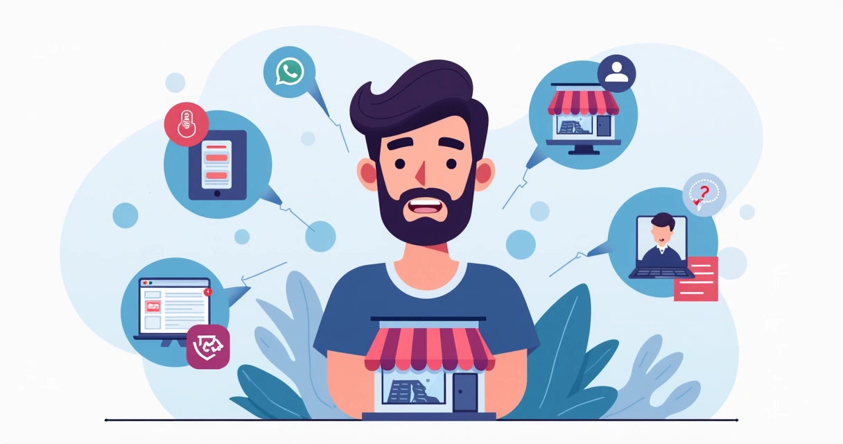 Ilustração flat corporativa mostrando lojista com erros digitais visíveis em redes sociais e catálogo online