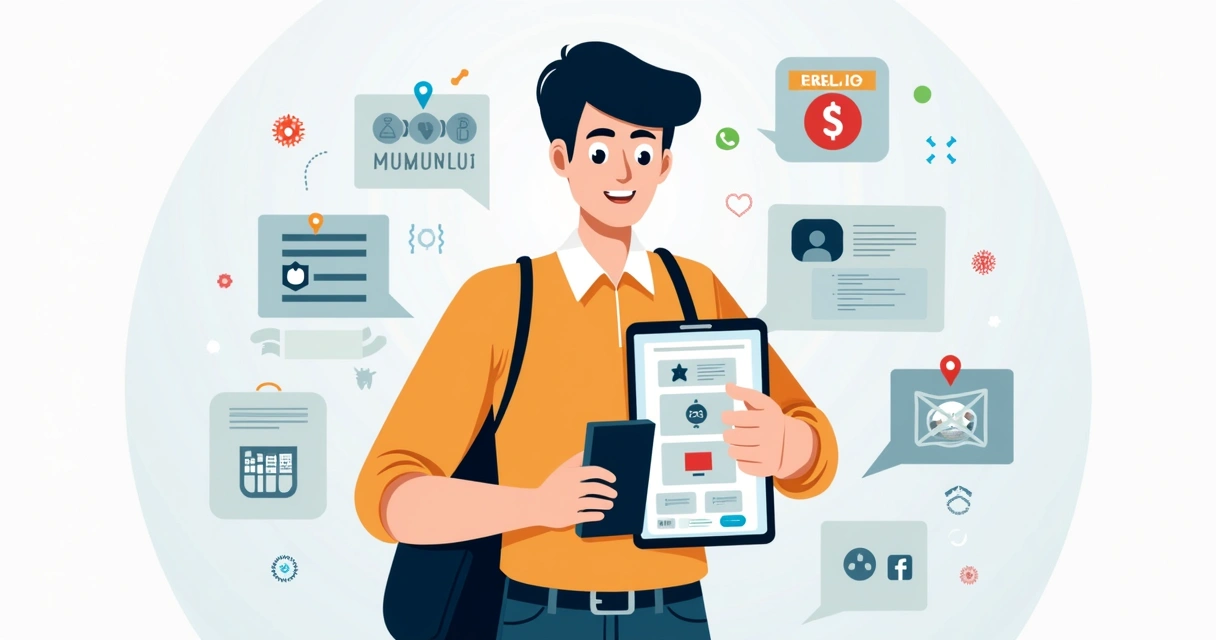 Ilustração corporativa de um lojista usando celular para vender com catálogo digital e pedidos via WhatsApp
