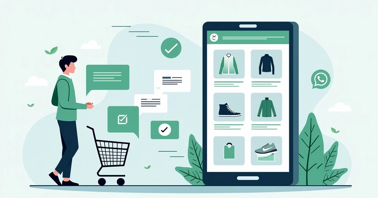 Ilustração corporativa de um celular mostrando um catálogo digital com fotos de produtos, texto e ícones de compartilhamento