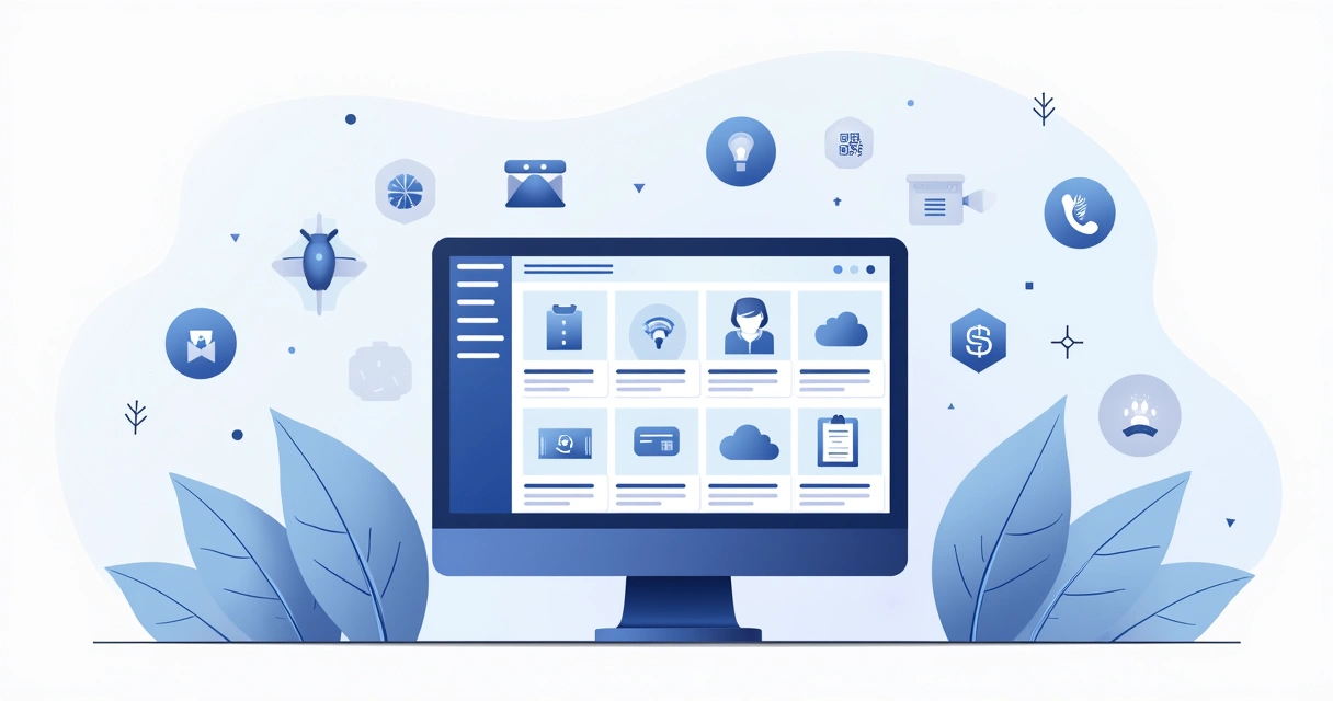 Ilustração corporativa de criação de catálogo digital com tela de computador mostrando produtos organizados e ícones de pedidos via WhatsApp