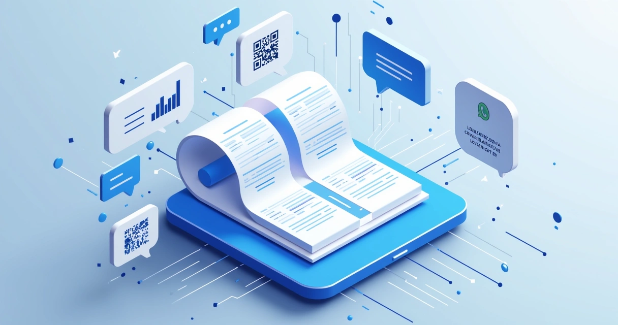 Ilustração corporativa de um catálogo digital com elementos visuais representando inteligência artificial, chatbots e dados estruturados em um fundo tecnológico