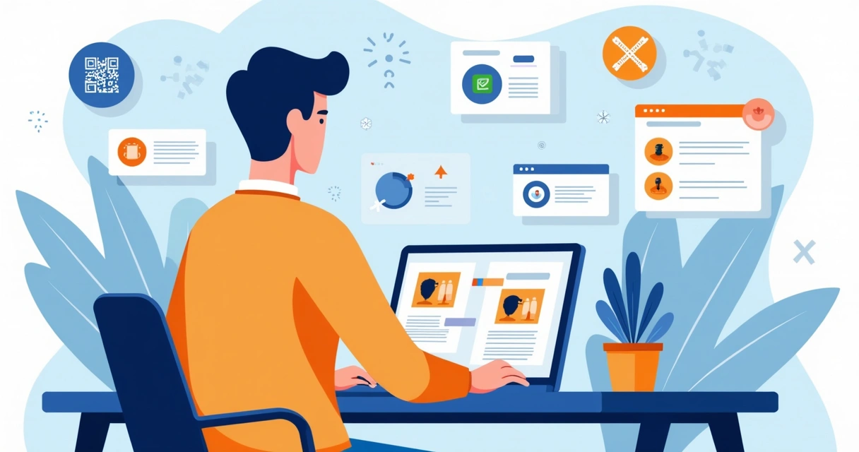 Ilustração corporativa de lojista criando catálogo digital no computador com fotos e descrições organizadas