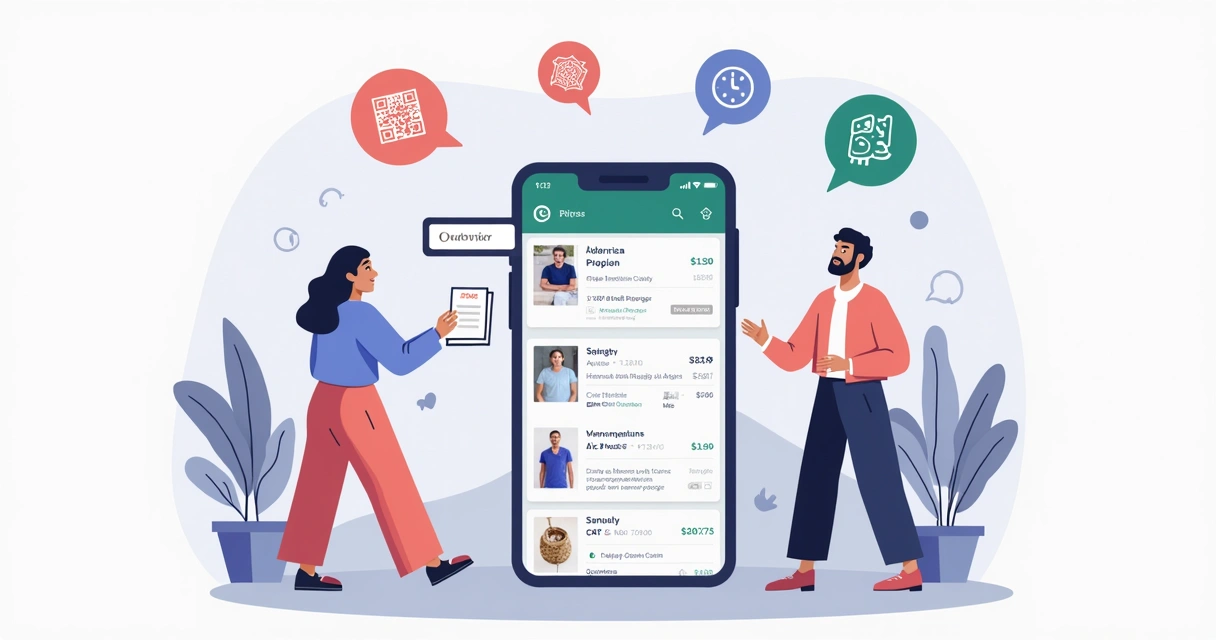 Ilustração corporativa mostrando um smartphone com a tela aberta no catálogo digital do WhatsApp Business, exibindo produtos com fotos, descrições e preços. Ao redor, ícones de categorias, QR code, e