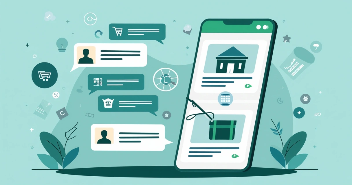 Ilustração corporativa flat de telefone celular exibindo catálogo digital com botões de produtos e mensagens de pedidos no WhatsApp