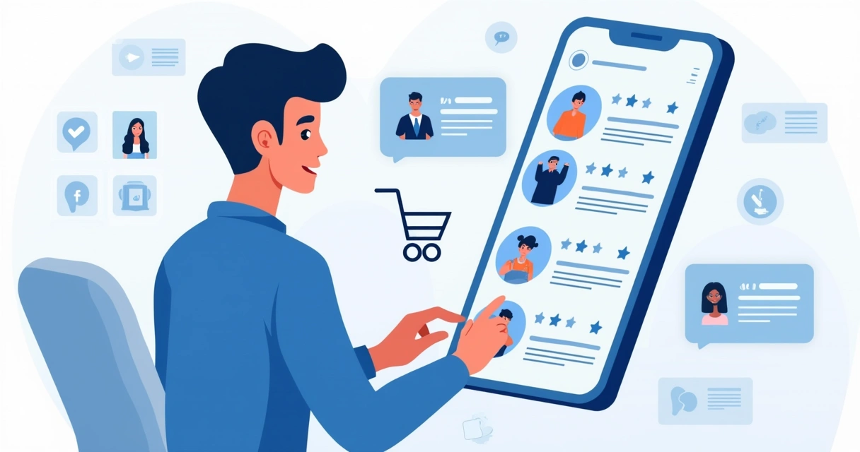 Ilustração de lojista criando catálogo digital no celular com lista de produtos e ícone do WhatsApp para pedidos