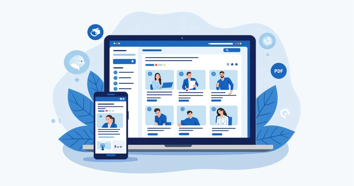 Ilustração corporativa plana de um catálogo digital com imagens de produtos, descrições e integração com WhatsApp