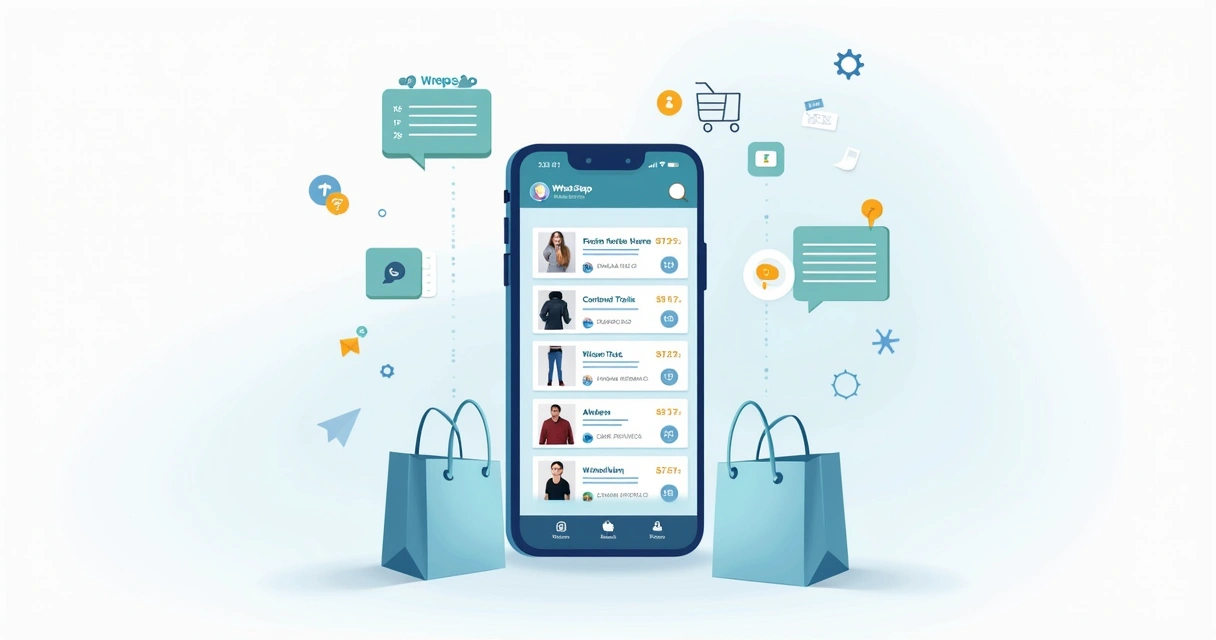 Ilustração corporativa de um celular mostrando catálogo digital no WhatsApp Business com ícones de produtos, descrições e botões de compra