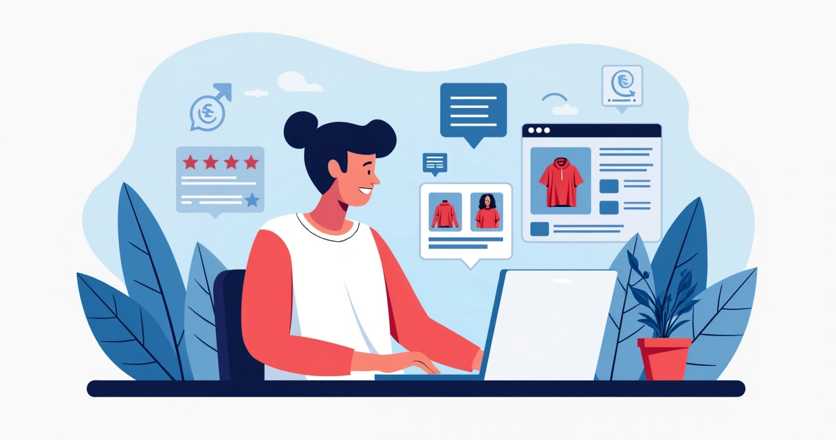 Ilustração corporativa plana mostrando um lojista criando catálogo digital em um laptop, com telas exibindo produtos e descrições, ícones de fotos ilimitadas e WhatsApp ao redor