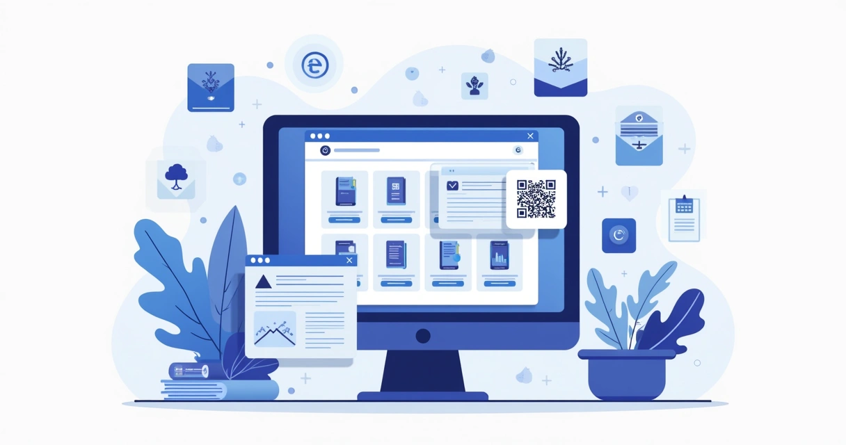 Ilustração corporativa mostrando criação de catálogo digital com produtos, integração com WhatsApp e QR Code