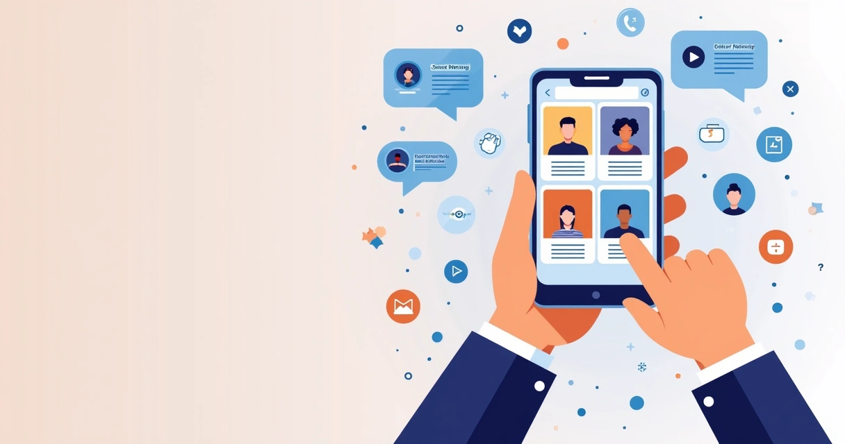 Ilustração corporativa flat de pessoa usando celular para criar catálogo digital de produtos com ícones de fotos, descrições e WhatsApp