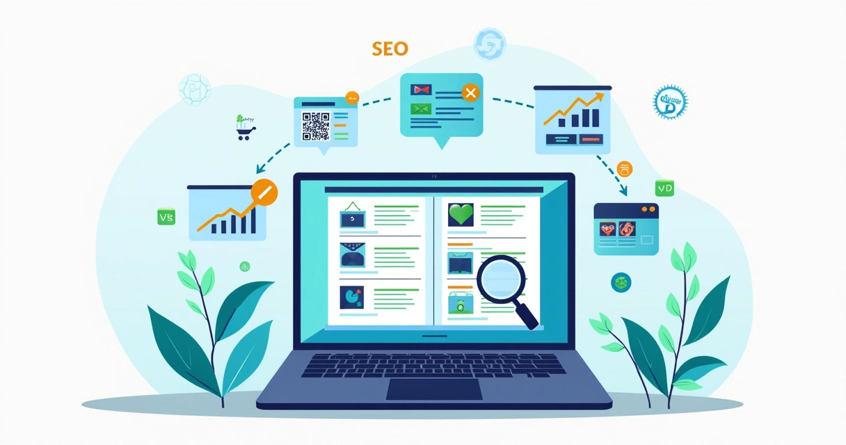 Ilustração corporativa de catálogo digital com elementos de SEO, como gráficos de crescimento, ícones de lupa e loja online