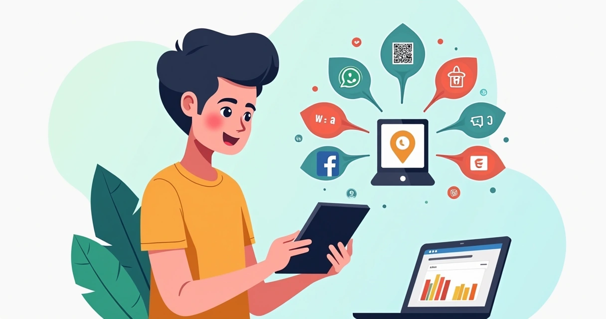 Ilustração corporativa flat mostrando um lojista usando um tablet com catálogo digital aberto, ao redor ícones de produtos, QR code, WhatsApp, redes sociais e gráficos de vendas