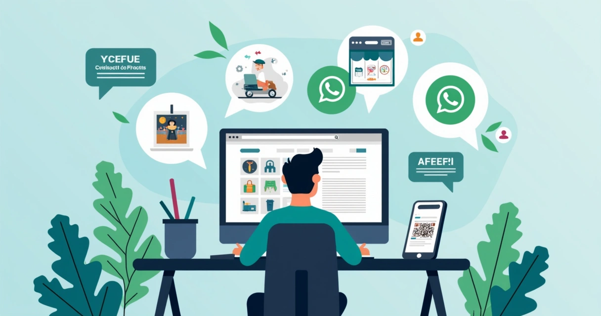 Ilustração corporativa flat mostrando criação de catálogo digital para loja online com computador, catálogo de produtos, smartphone com pedidos por WhatsApp e ícones de marketing digital